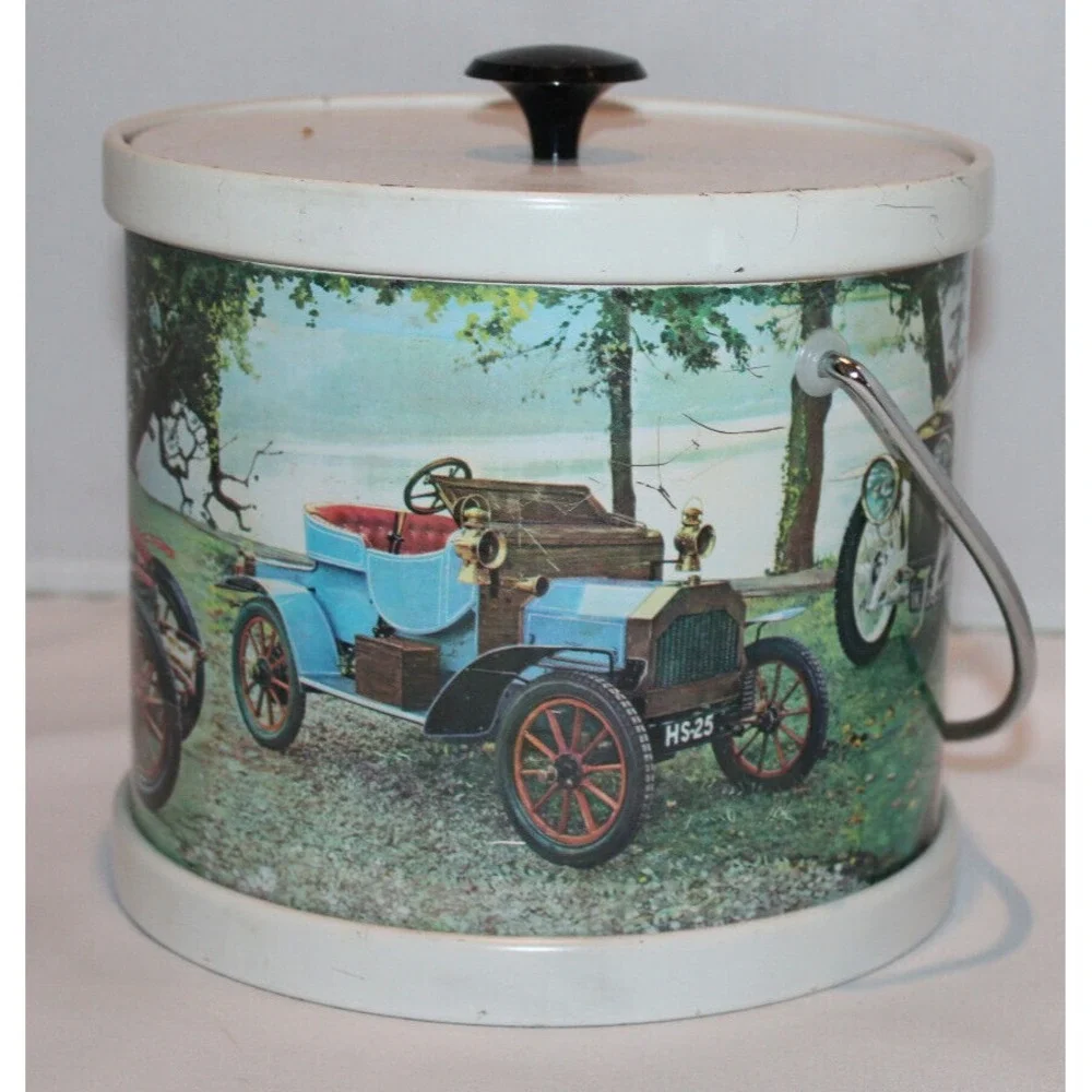 vintage metal ice bucket with plastic insert & handle old time cars Hong Kong